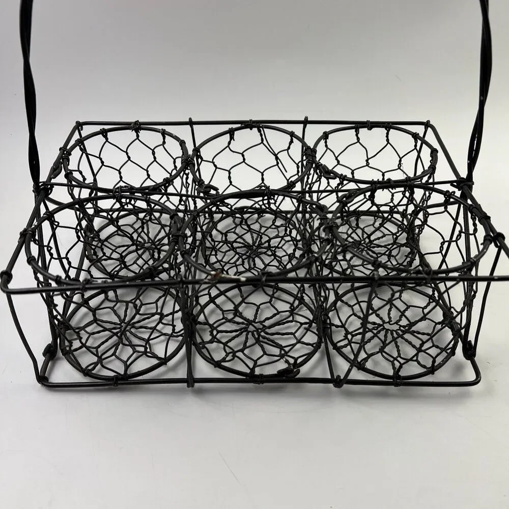 Vintage Primitive Wire Plant Herb Caddy 6 Holder Basket Twisted Galvanized Steel